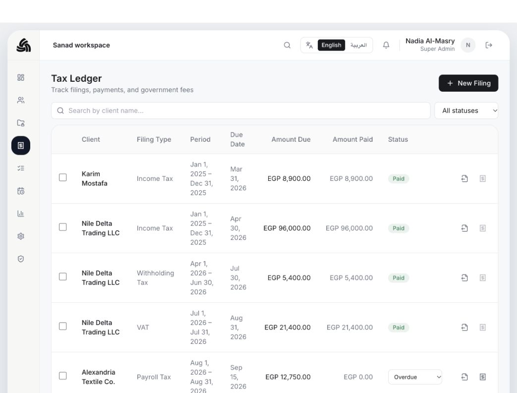 Every filing, tracked to payment